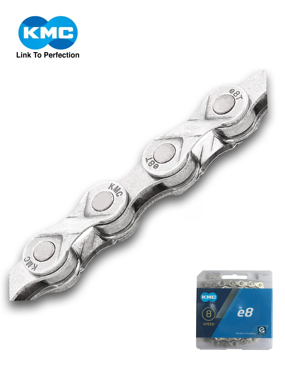 KMC e8 Turbo 8-speed silver e-bike chain with 136 links compatible with Bosch and other electric bike systems.